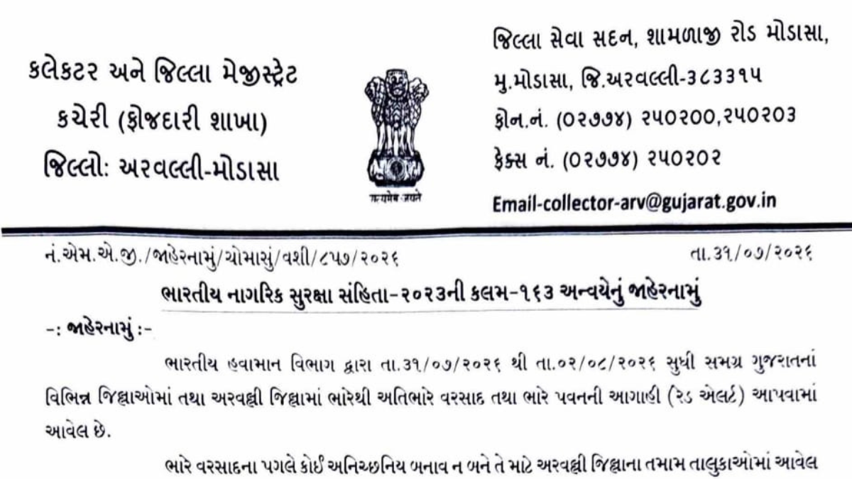 અરવલ્લીમાં ભારે વરસાદની આગાહીને પગલે તમામ શૈક્ષણિક સંસ્થાઓમાં રજા જાહેર